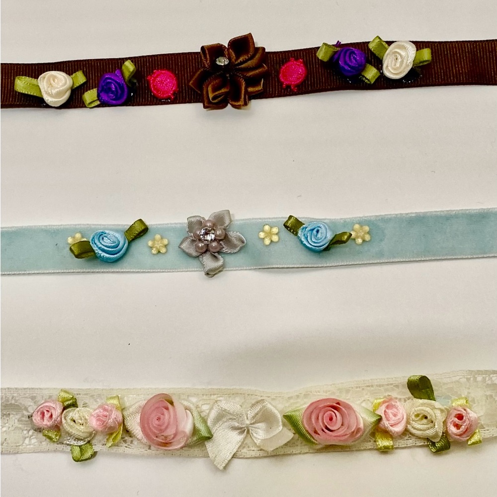 3 Foral Kids Headband Set - Brown, Blue, and Cream ribbon with Floral design.